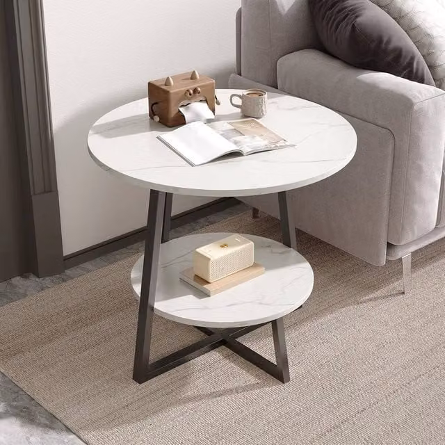 KORVIXA Round Marble Effect Side Table in White, Diameter: 48 cm, Height: 50 cm – 1