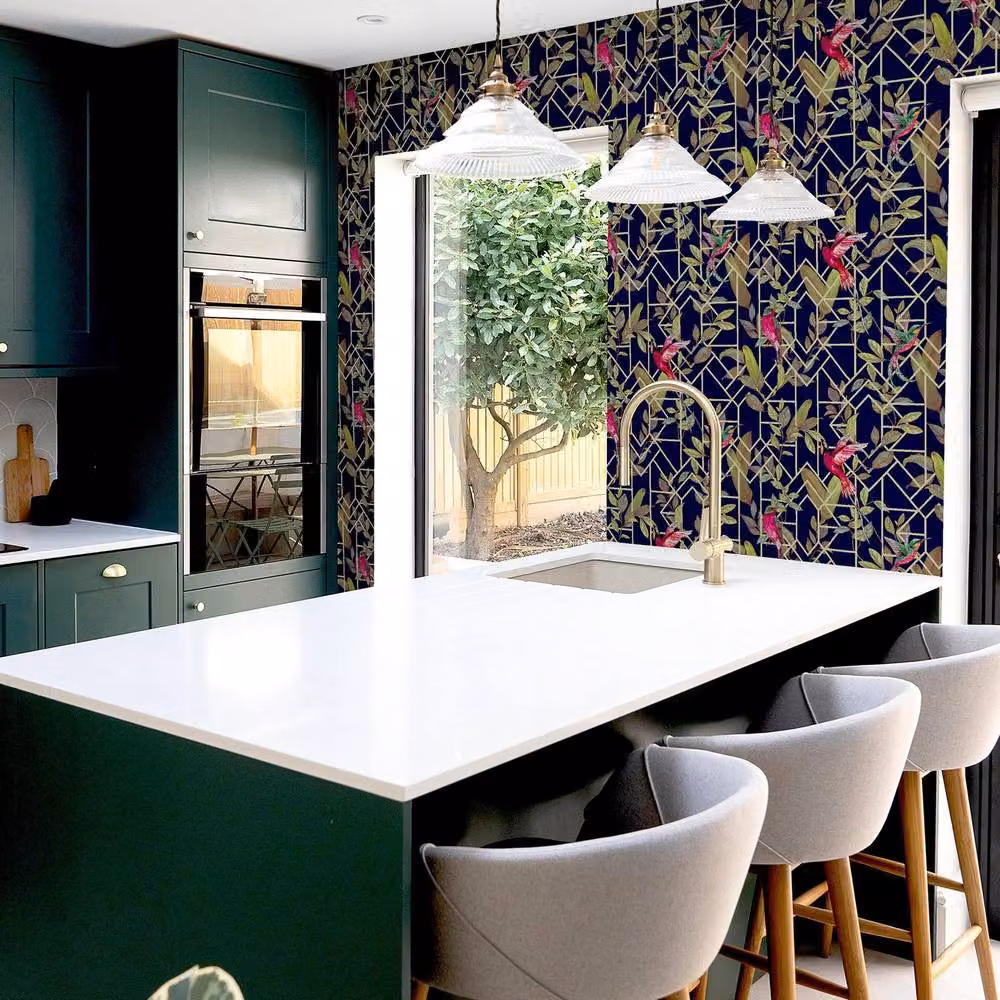 Arthouse Art Deco Botanical Floral Wallpaper in Blue and Gold, Width: 53 cm – 6