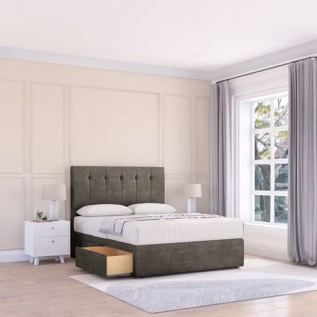 Sloomy Highbury Double Divan Bed Base with 2 Drawers and Floor Standing Headboard in Light Grey, W/D/H: 140 x 200 cm