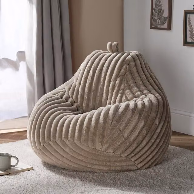 OHS Ribbed Fleece Bean Bag Chair in Beige with Removable Cover and Carry Handle