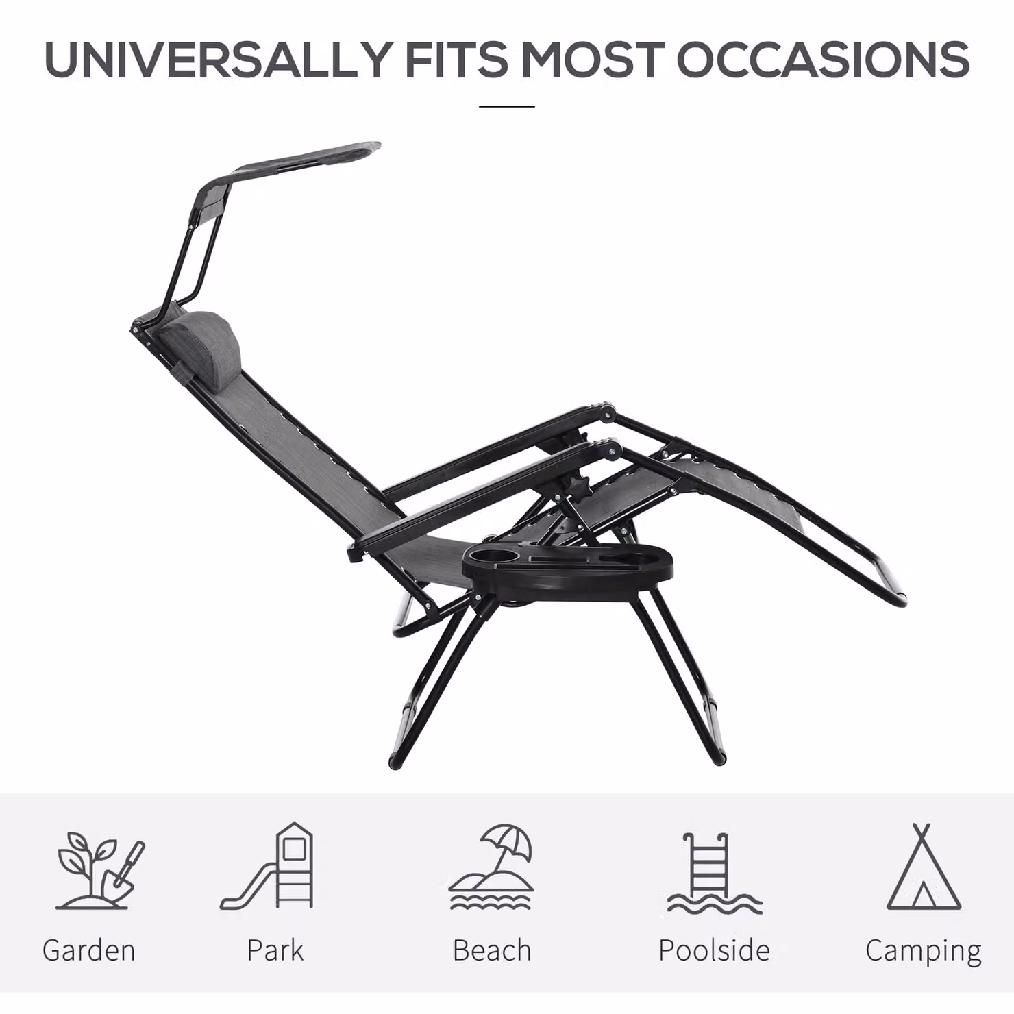 Outsunny 2 Piece Foldable Zero Gravity Reclining Garden Sun Lounger Set with Canopy, Adjustable Headrest and Side Tray, Light Grey – 6