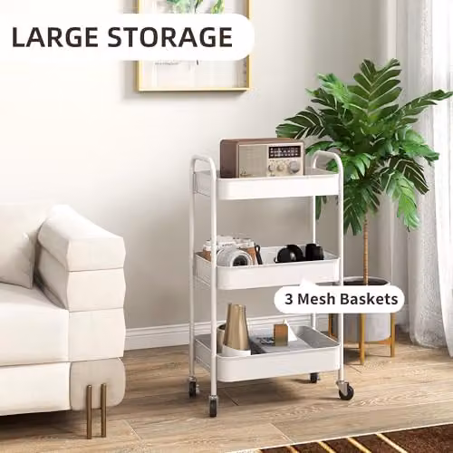 HOMCOM 3-Tier Rolling Utility Storage Trolley with Mesh Baskets, White, W/D/H: 45 x 30.6 x 79 cm – 3
