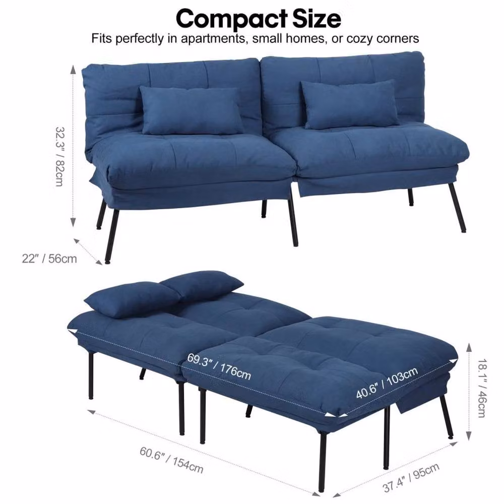 KORVIXA Blue 3 Seater Fabric Sofa Bed with Adjustable Headrest and Sleeping Function – 2
