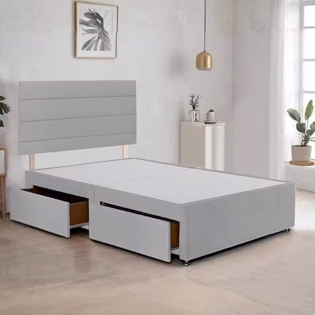 Bed Time UK Plush Divan Bed Frame with 20 inch Horizontal Headboard and 2 Drawers in Silver Grey, W/D/H: 90 x 200 cm