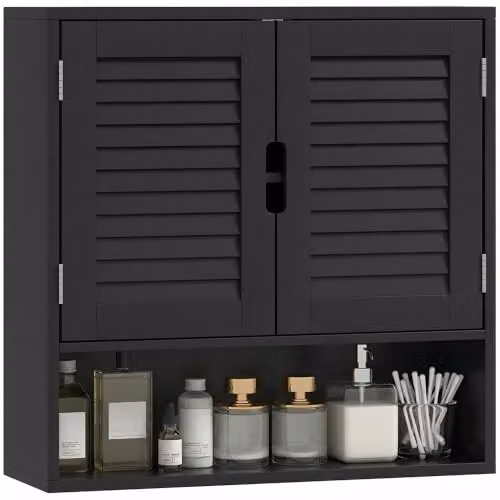 HOMCOM Modern Black Wall Mounted Bathroom Cabinet with Hinged Doors and Internal Shelves, W: 60 cm, D: 20 cm, H: 60 cm – 1