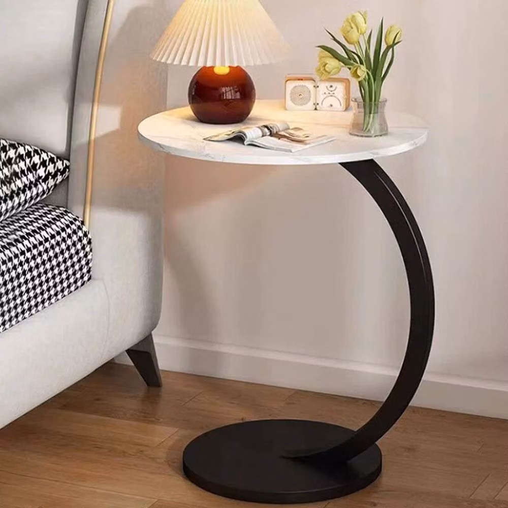 NESTLUNE White C-Shaped Compact Sofa Side End Table with Marble Top, W/D/H: 40 x 30 x 60 cm – 3