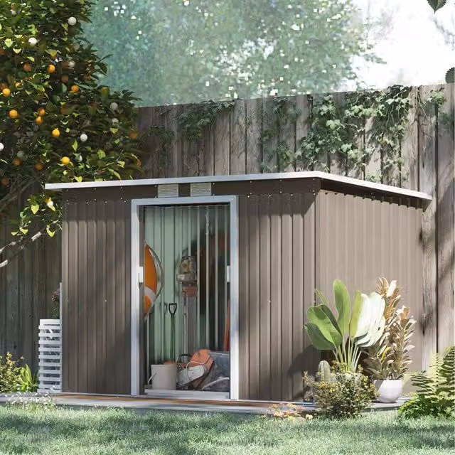 Outsunny Grey Galvanised Steel Pent Garden Storage Shed with Double Doors and Window, W: 370 cm, D: 122 cm, H: 200 cm