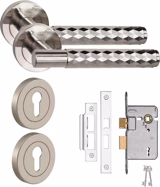 Golden Grace Knurled Diamond Cut T-Bar Door Handle Lock Set with Thumbturn and Mortise Lock in Silver