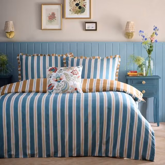 Appletree Eloise Reversible Striped Cotton Duvet Cover and Pillowcase Set in Petrol Teal