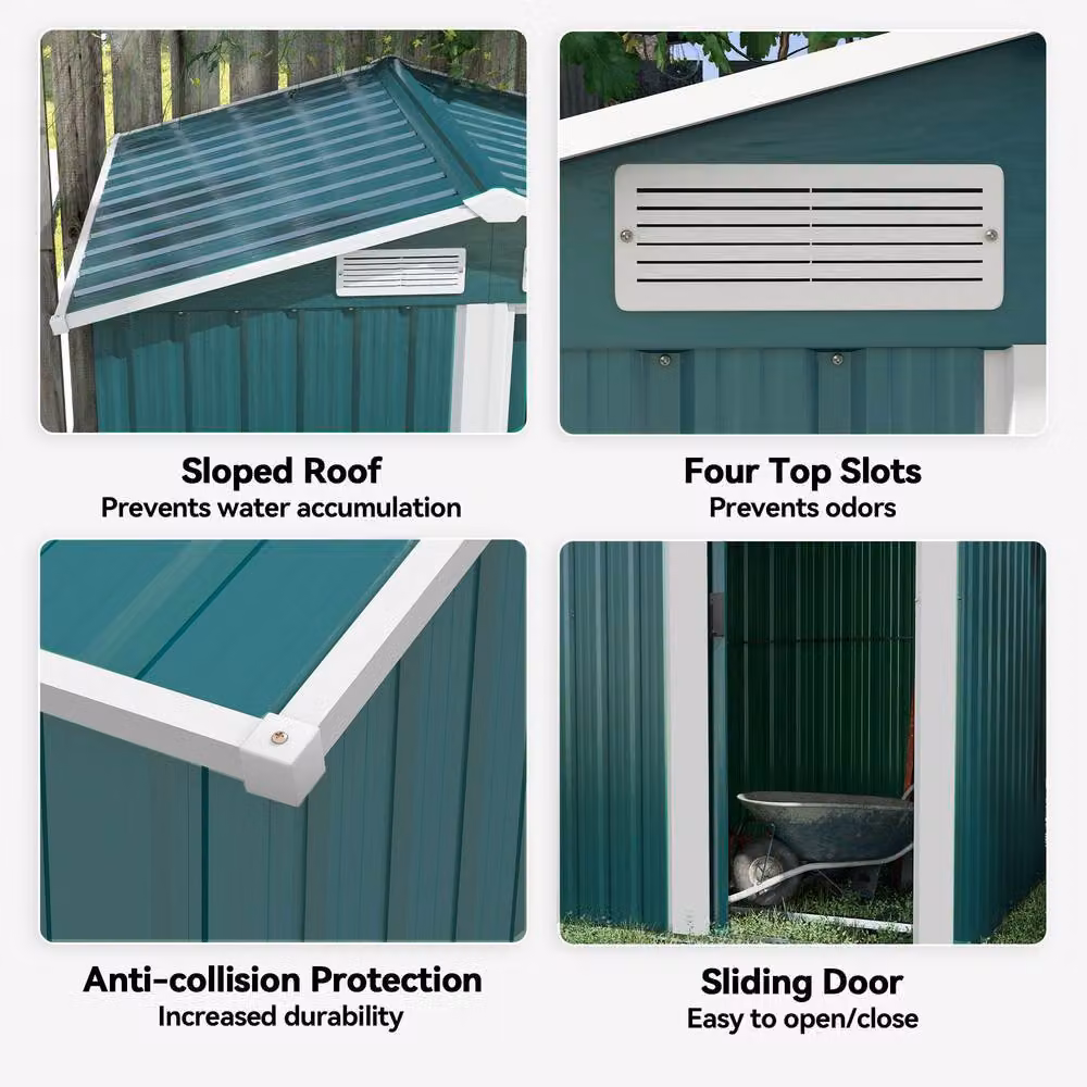 Rolipo Green Metal Pent Garden Shed with Sliding Door and Foundation, W/D/H: 152 x 132 x 188 cm – 7