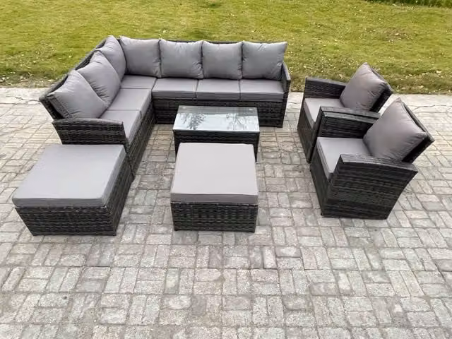 Fimous 10 Seater Dark Grey Rattan Corner Lounge Sofa Set with Coffee Table, 2 Armchairs and 2 Footstools