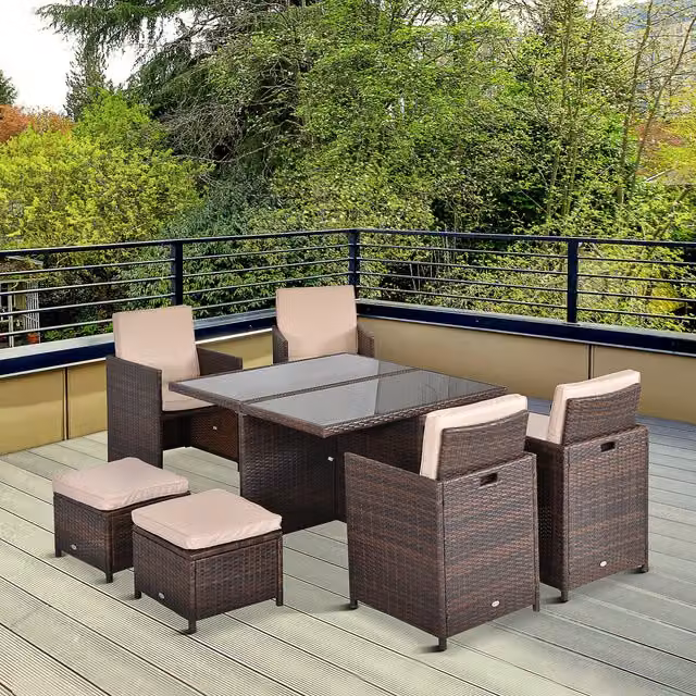 Outsunny 9 Piece Modern Brown Rattan and Metal Garden Dining Set with Glass Table