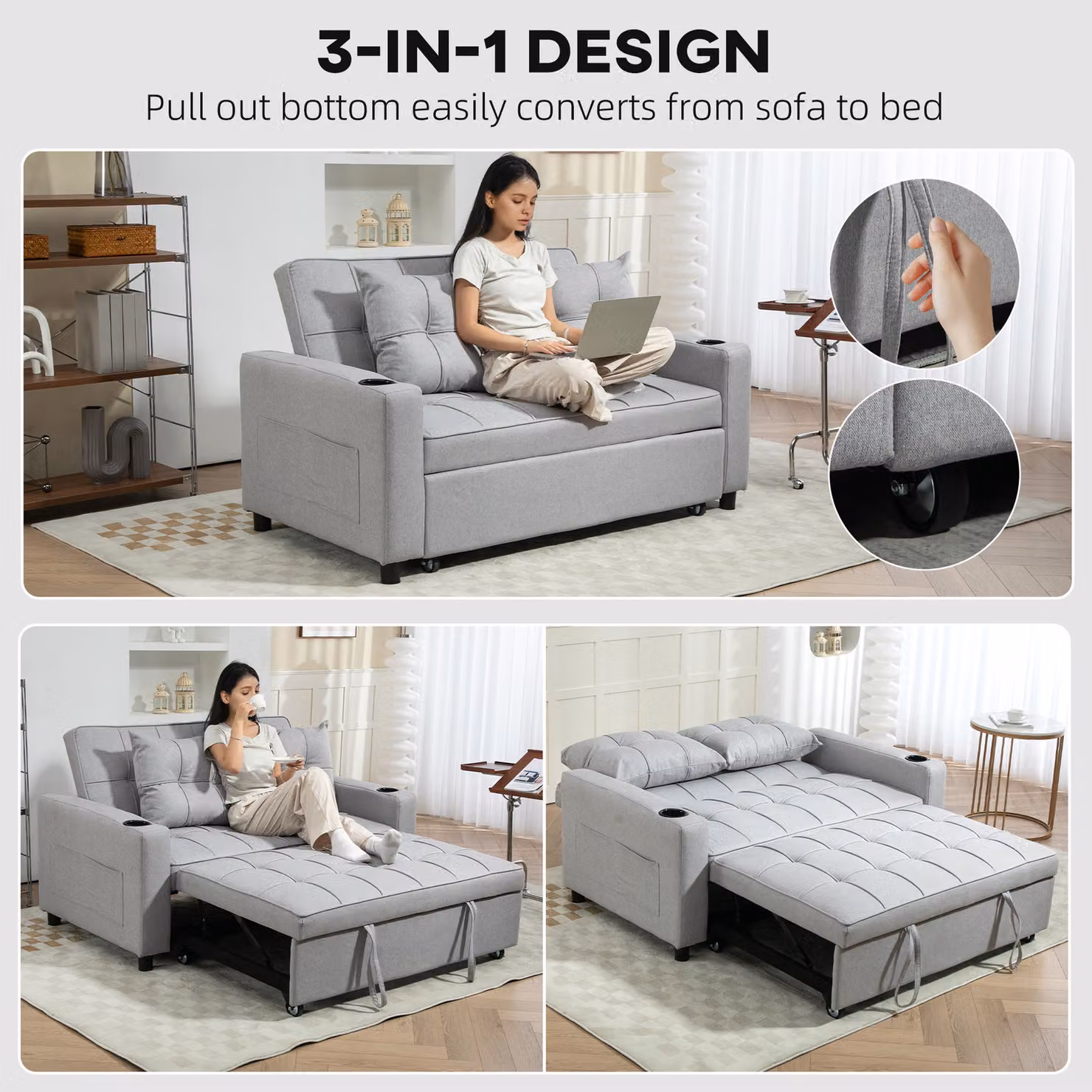 HOMCOM Two-Seater Click-Clack Pull-Out Sofa Bed with Cup Holders, Grey Fabric Upholstery and Metal Frame, 140 x 200 cm – 3
