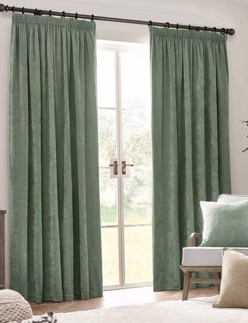 YARD Chenille Velvet Pencil Pleat Opaque Curtains, Green, H: 218 cm x W: 183 cm