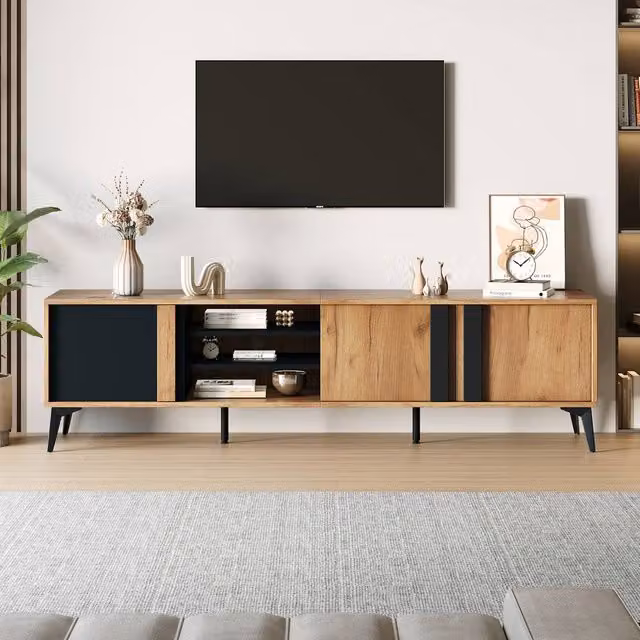 ModernLuxe Modern TV Cabinet with 3 Cabinets and 3 Open Shelves in Brown and Multicolour – 1