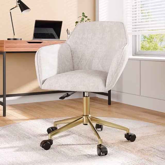 Livingandhome Modern Velvet Upholstered Swivel Task Chair in Beige and White