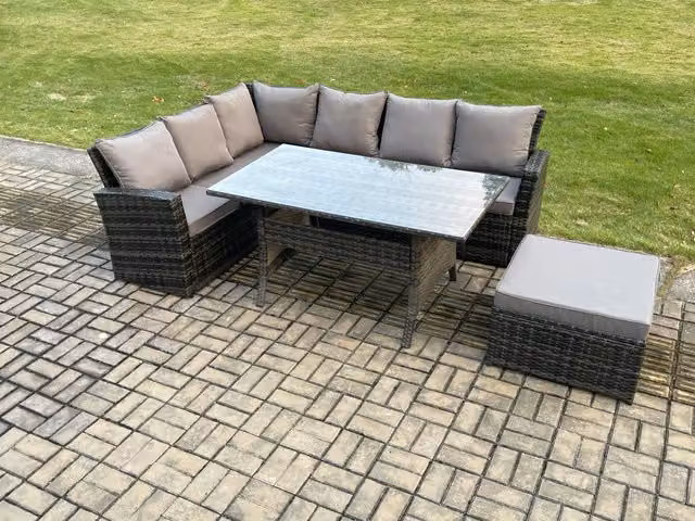 Fimous 7 Seater Rattan Garden Furniture Corner Dining Set with Large Footstool in Dark Grey Mixed