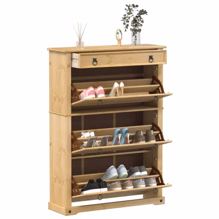 Berkfield Home Corona Shoe Cabinet in Tan Solid Waxed Pine, W/D/H: 99 x 32 x 138 cm