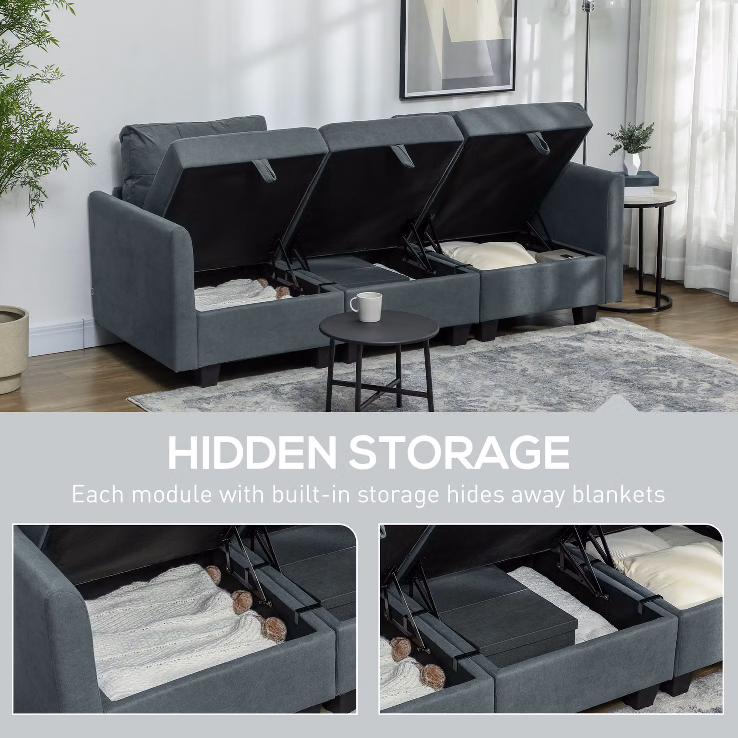 HOMCOM Reversible L-Shape Modular Storage Sofa in Dark Grey with Lift-Up Seats and Removable Fabric Covers – 4