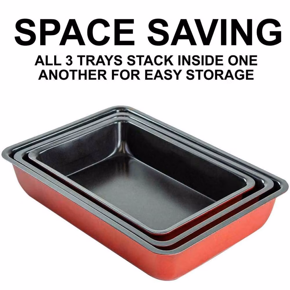Flavora Non-Stick Carbon Steel Rectangular Baking and Roasting Tray Set in Red, W: 100 cm, D: 15 cm – 2