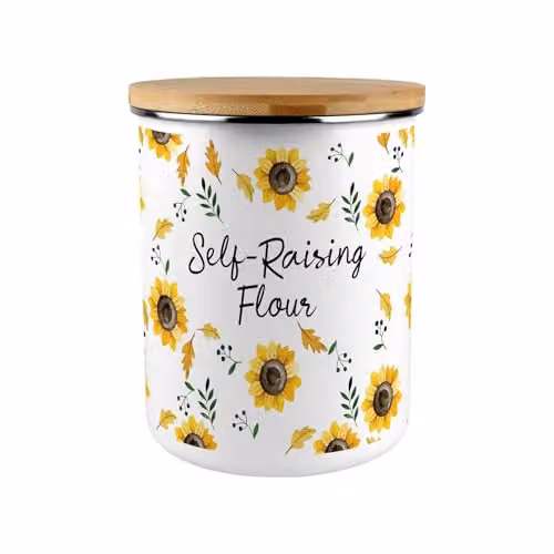 Purely Home Sunflower Enamel Flour Canister with Bamboo Lid, Yellow and White Floral, 2.7 l – 1
