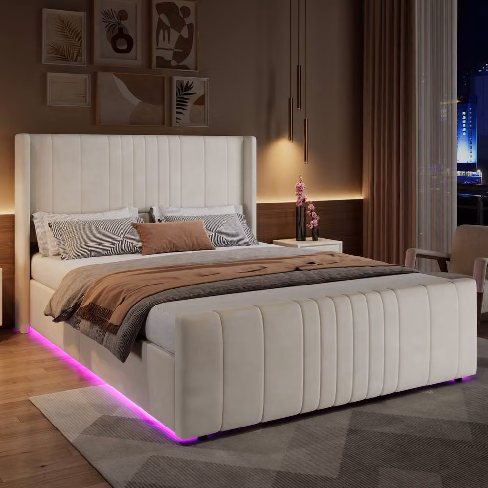 BTM Double Ottoman Bed with LED Under-Bed Lighting, Beige Velvet Upholstered, W/D/H: 140 x 190 x 46.6 cm – 2