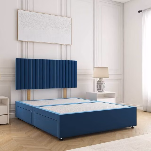 BSSPOKE Brooke Plush Velvet Divan Bed with 24 inch Headboard and 4 Drawers in Blue, Small Double, W/D/H: 120 x 200 x 61 cm
