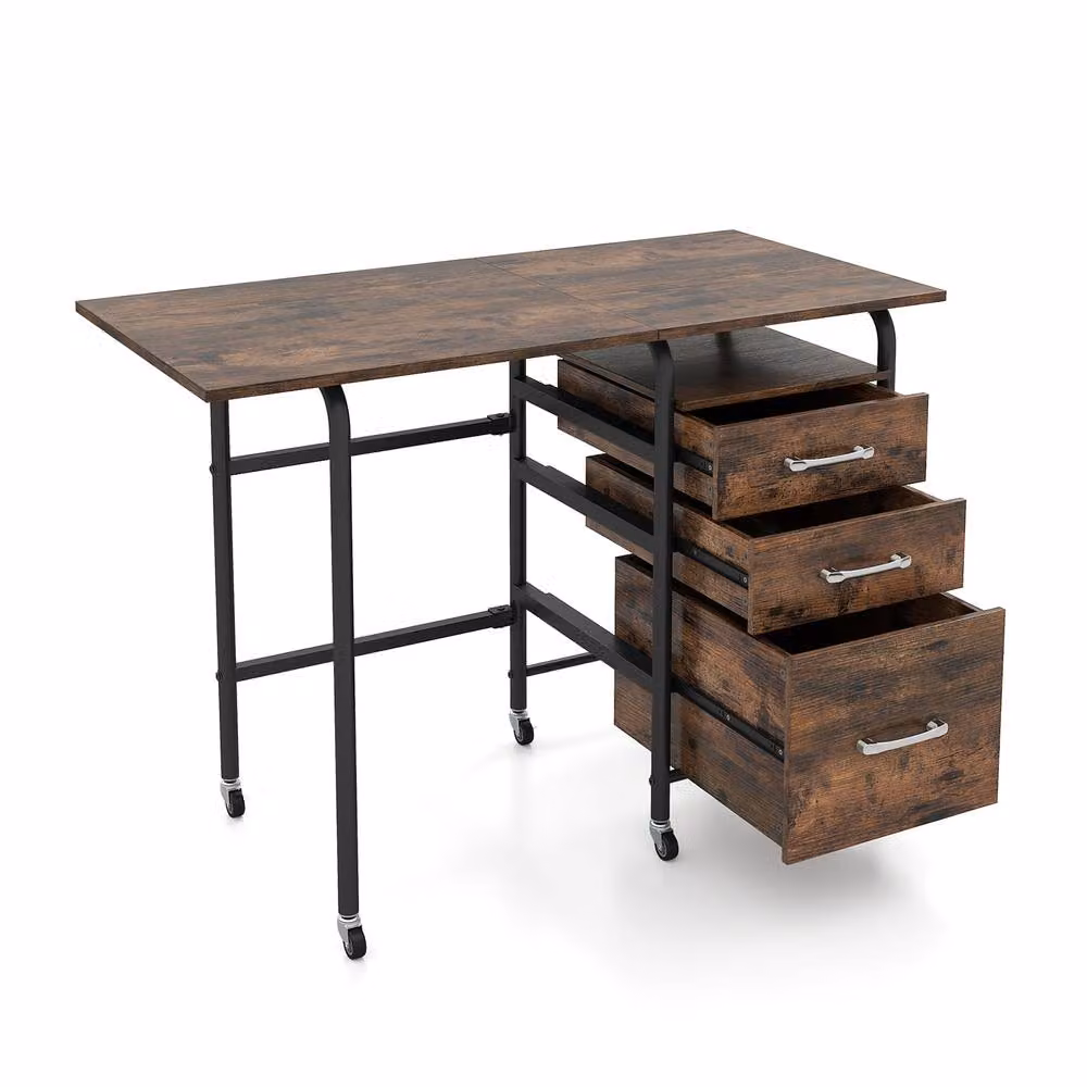 Costway Folding Computer Desk with 3 Drawers in Brown – 5