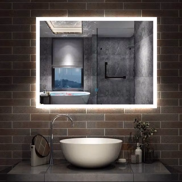 PAWNORA Illuminated Bathroom Mirror in Silver, W: 80 cm, H: 60 cm, D: 6 cm