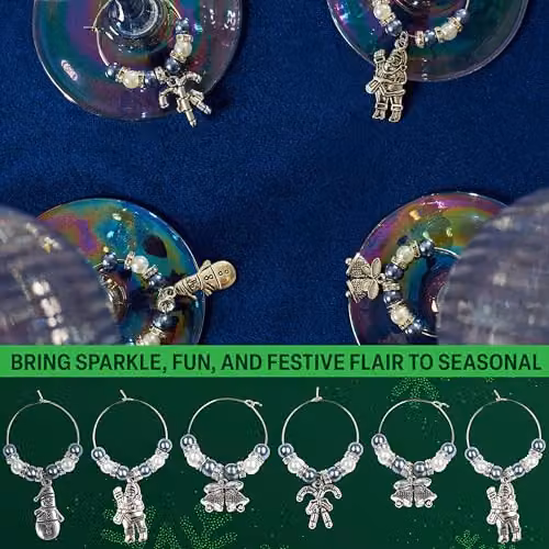 KreativeKraft Luxury Christmas Crackers with Wine Glass Charms and Festive Glass Markers, 6 Pack, Silver Star and Multicolour – 5