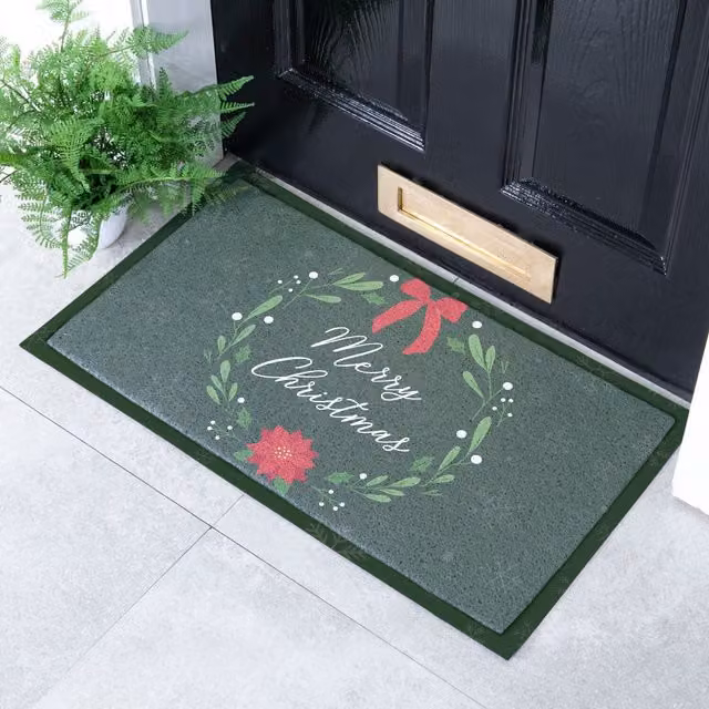 Artsy Mats Merry Christmas Wreath Doormat, Green, Non-Slip and Weatherproof PVC