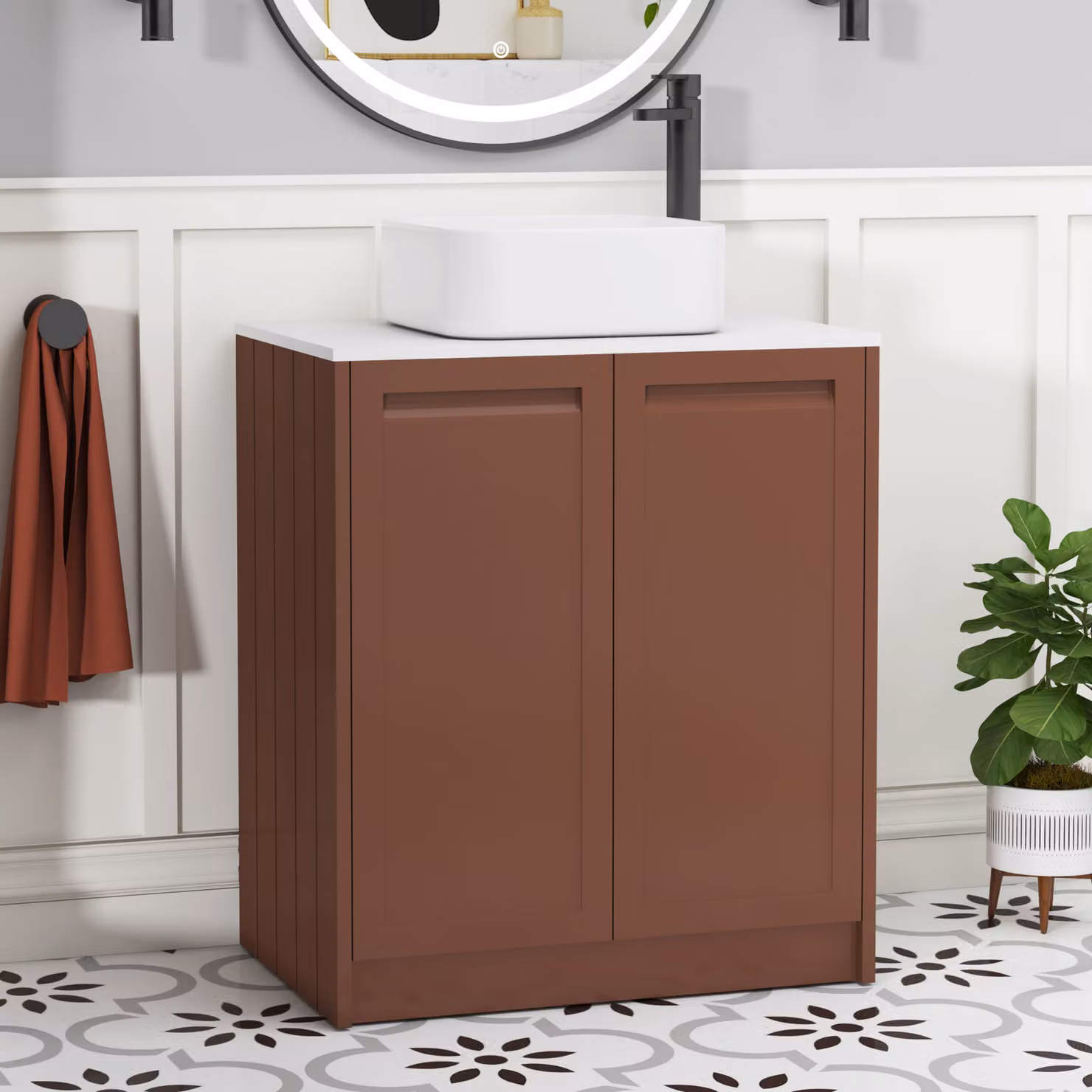 Royal Bathrooms Elmore 700mm Terracotta Clay Floor Standing 2 Door Vanity Unit with White Worktop and Elena Basin