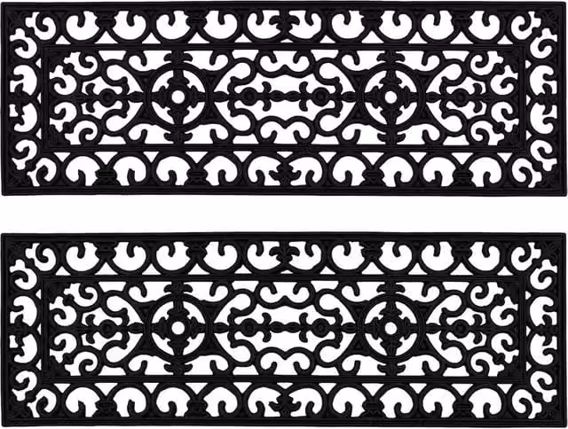 JVL Lexi Wrought Iron Effect Rubber Step Mat, Set of 2, Black, W: 75 cm, D: 25 cm