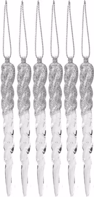 VFM e-Store Silver Glitter Snowflake and Icicle Christmas Tree Hanging Ornaments, Pack of 6, 12 cm – 1