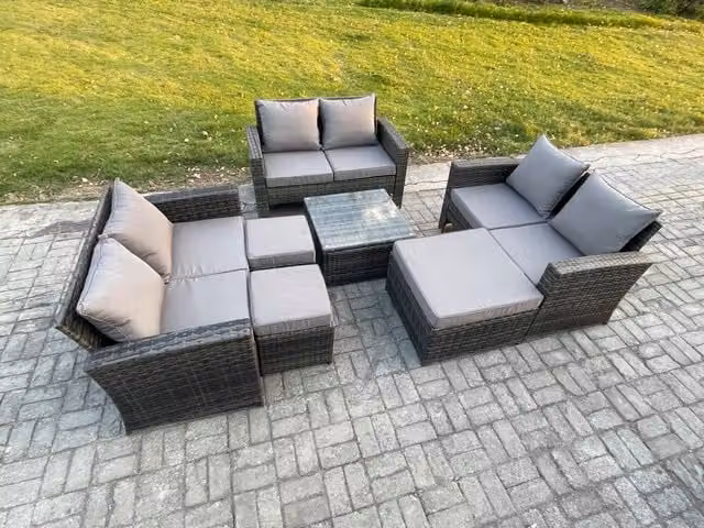 Fimous Outdoor Lounge Sofa Set in Dark Grey PE Rattan with Square Coffee Table, Double Seater Sofa and 3 Footstools
