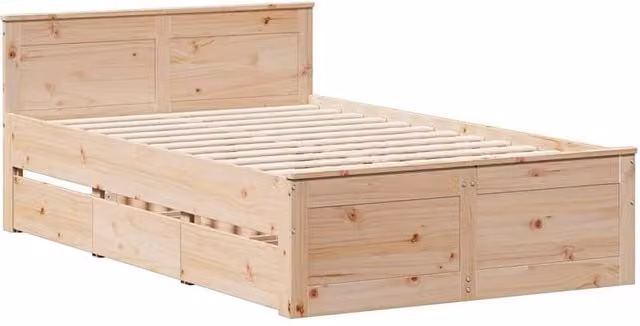 Berkfield Home Solid Pine Bed Frame with Headboard in Natural, W/D/H: 140 x 190 x 75 cm – 1