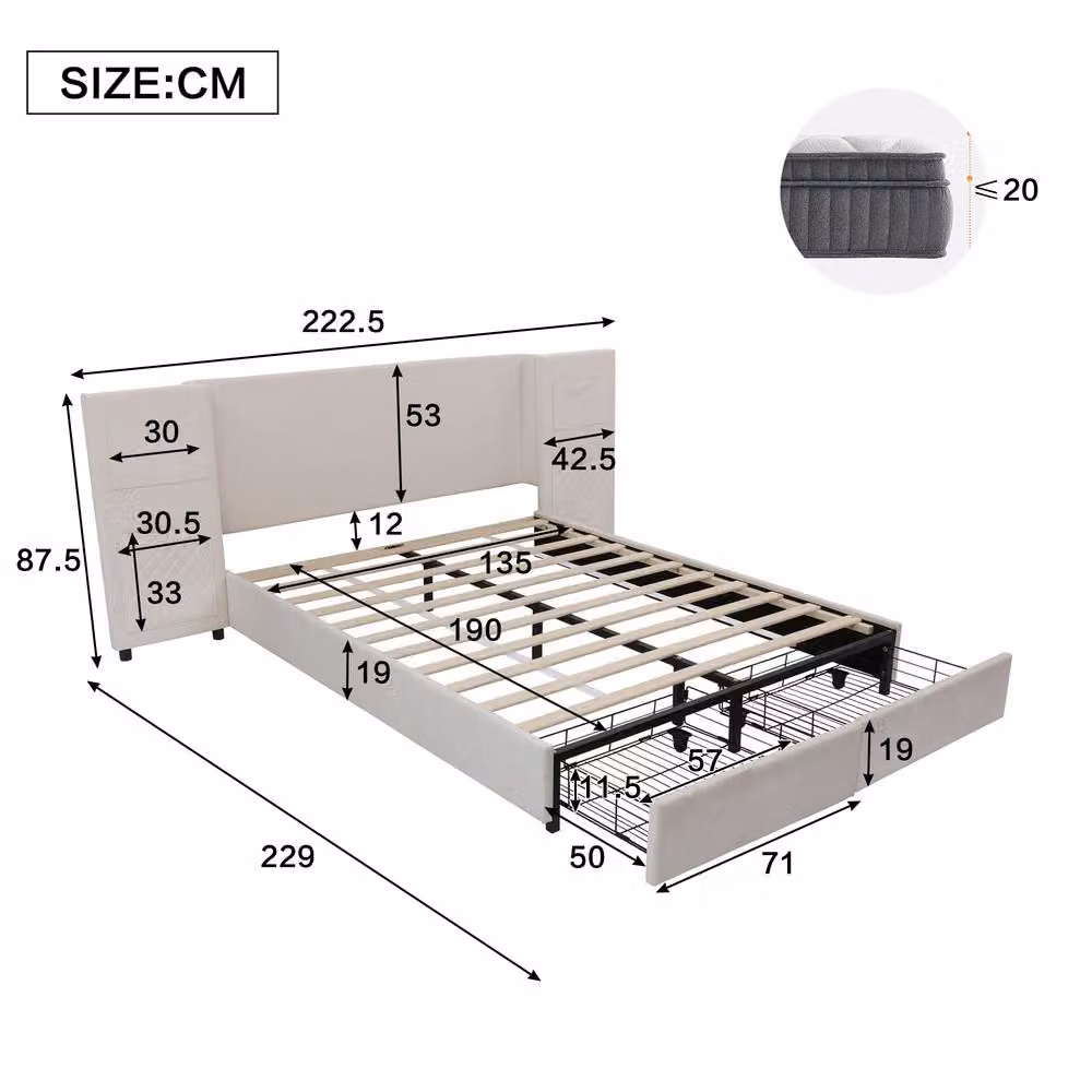 BTM Upholstered Double Bed with Drawers and Bedside Shelf in Beige, W/D/H: 140 x 190 x 135 cm – 3