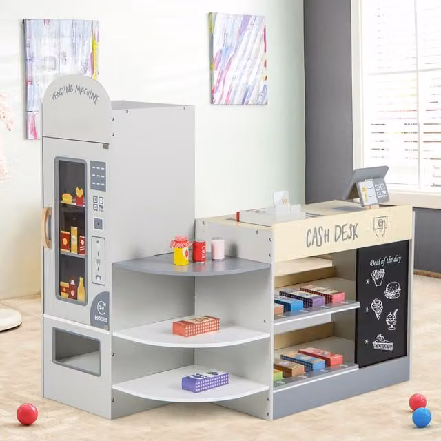 Costway Kids Grocery Store Supermarket Playset in Grey Wood