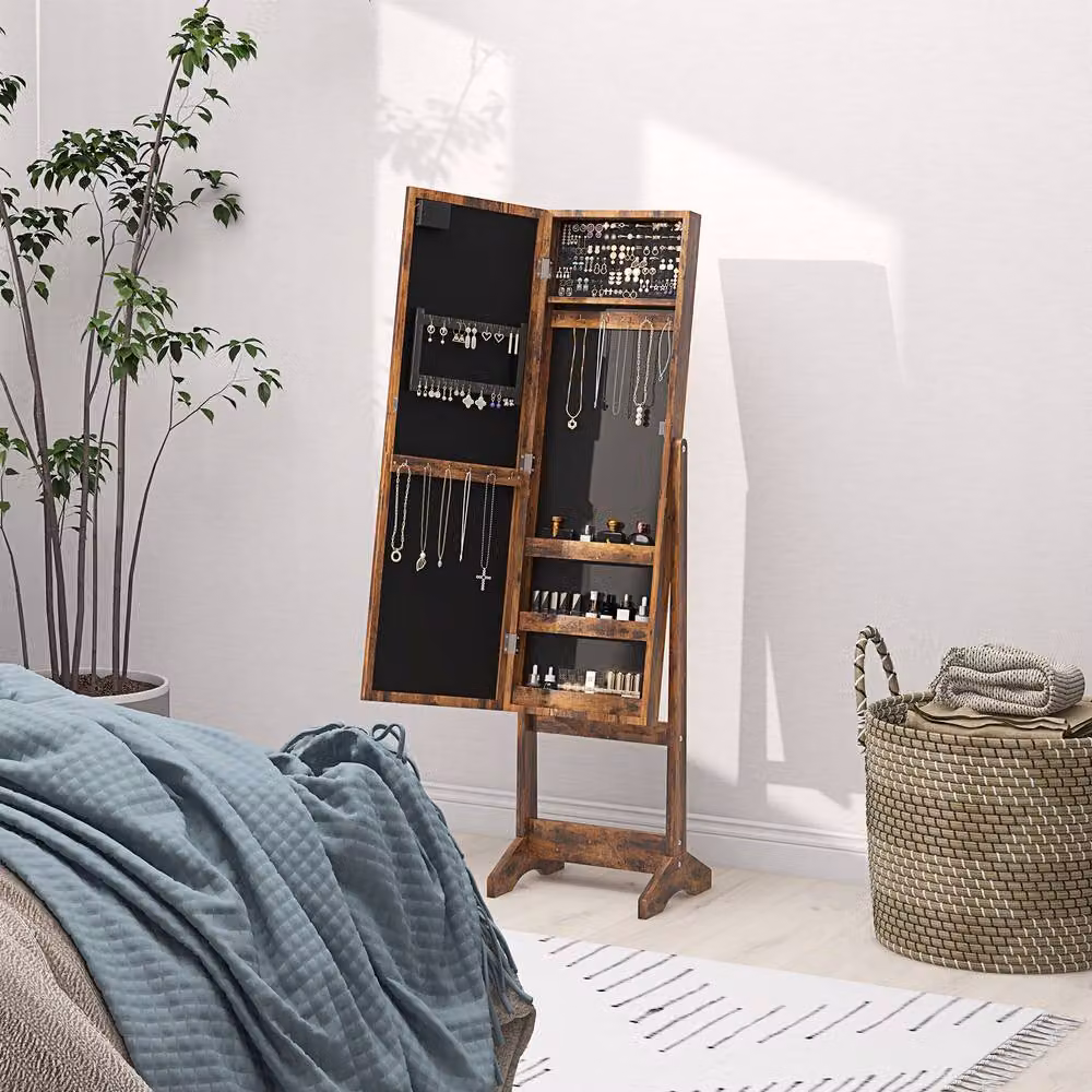 STILVORA Freestanding Jewellery Storage Cabinet with LED Mirror in Brown – 8