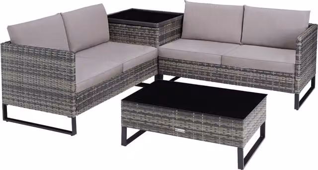 tectake Ostuni Rattan Garden Set in Grey with 4 Seats, 1 Table and 1 Storage Box