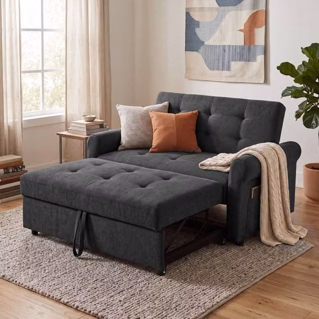 BTM Convertible Sleeper Loveseat Pull Out Sofa with Storage Pocket in Dark Grey