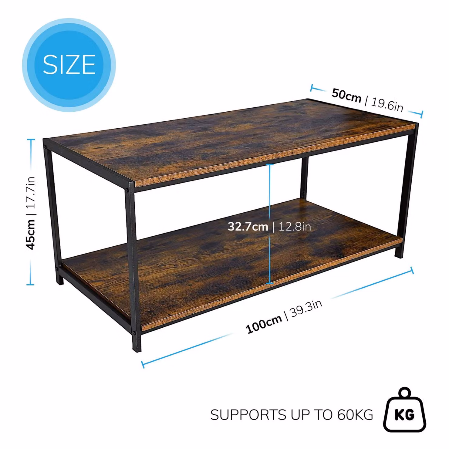 House of Home Rustic Brown Wood and Metal 2-Tier Coffee Table with Storage Shelf – 2