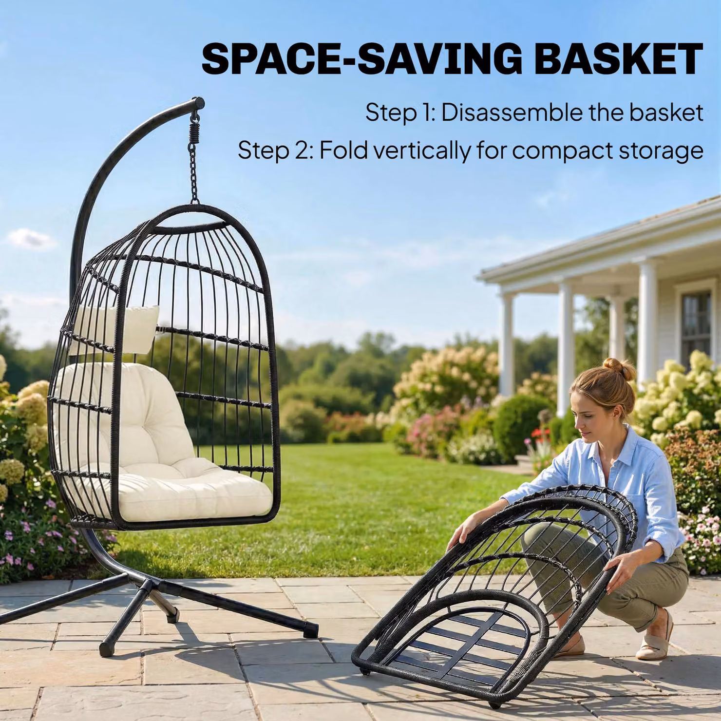 Outsunny Hanging Egg Chair with Stand and Cushions, Black and Cream White Indoor Outdoor Hammock Swing Chair – 4