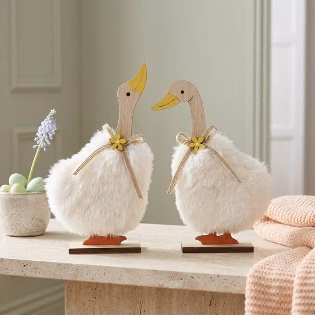 Garden Greatness Decorative Fluffy Duck Duo Ornaments, White and Multicolour Textile Tabletop Set of 2