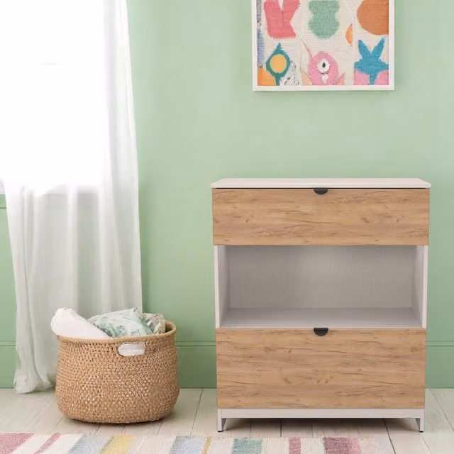 Bora Ready Assembled 2 Drawer Deep Chest with Shelf in Gold Craft Oak and Kashmir