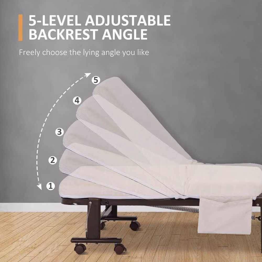 NESTLUNE Folding Bed with Foam Mattress and Wheels, Adjustable Backrest, White, Cot Size – 2