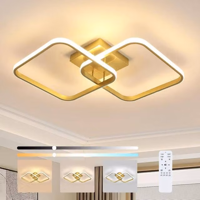 Goeco Modern Square LED Ceiling Light in Gold with Remote Control and Dimming Function