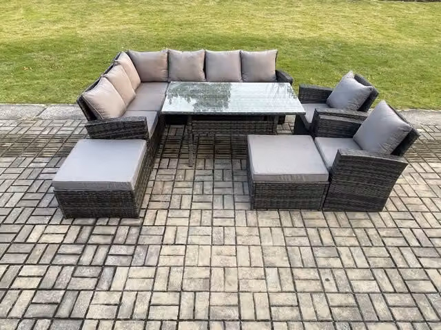 Fimous 10 Seater High Back Rattan Garden Furniture Set in Dark Grey with Corner Sofa, Rectangular Dining Table, 2 Armchairs and 2 Large Footstools