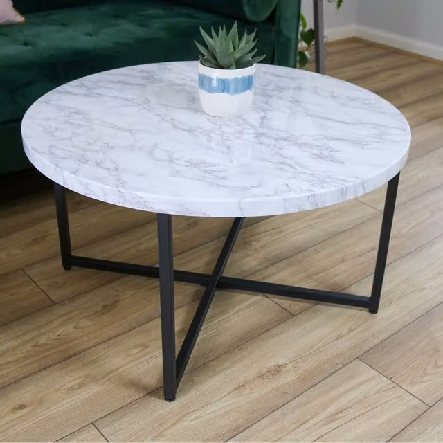 Furniture Maxi White Marble-Look Round Coffee Table with Metal X-Frame
