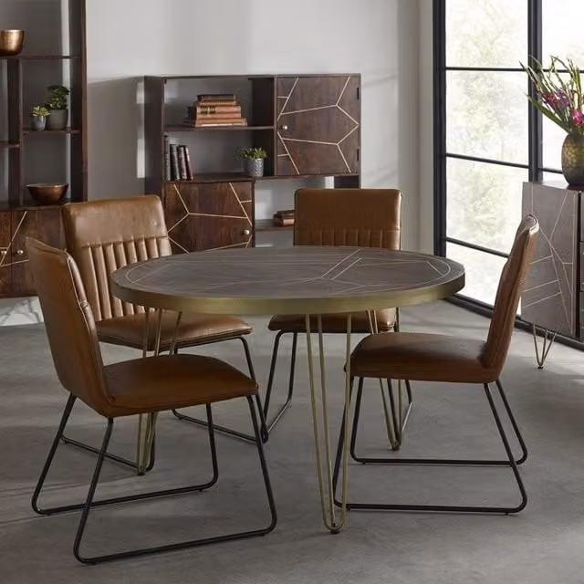 IH Design Modern Round Mango Wood Dining Table in Brown and Gold